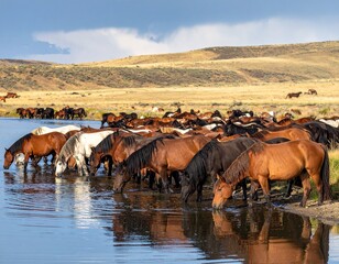  Wild horses standing and drinking by the river, symbol of freedom and untamed nature.