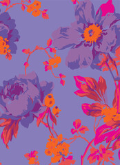 Big flower,Seamless watercolor floral pattern, flowers elements, green leaves branches on dark black background; for wrappers, wallpapers, postcards, greeting 