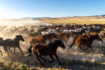 Herd of horses running in the pasture