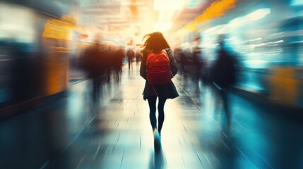 Fototapeta premium Woman walking through blurred city crowd with backpack