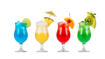 a set of cocktails: gin tonic, blue lagoon, tequila sunrise, iced irish coffee, pina colada, mai tai, cocktail with rum, whiskey, mojito