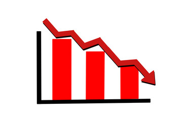 Red downward trend line with bar graph showing financial loss and economic decline indicating market crash and recession fears