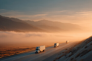 Convoy of Trucks on Highway at Sunset