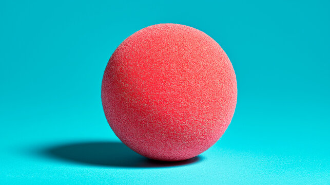 Red textured foam ball on vibrant blue background with soft shadow underneath