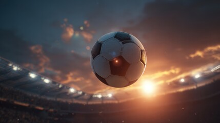 Naklejka premium Dynamic Soccer Ball Soaring Above Lit Stadium Against Fiery Sunset Sky.