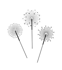 Sparklers, fireworks, isolated on a white background, black and white vector illustration, set of icons. Decorative graphic holiday element for design, decoration, holiday, postcard, banner, Christmas