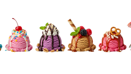 Ice cream scoop ball on transparent background cutout, top view. PNG file. Many assorted different flavour Mockup template for artwork design.	