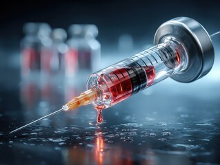 Dramatic Close-Up of a Syringe with Red Liquid Dripping onto a Reflective Surface.