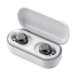 Fototapeta premium A close up of wireless earbuds inside an open white charging case on a black background studio shot