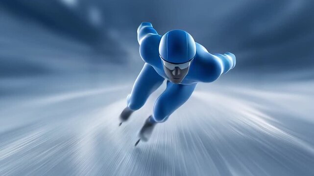 Professional speed skater in aerodynamic suit powers forward on icy track, body leaning low, arms pushing back, fast motion blur emphasizes velocity