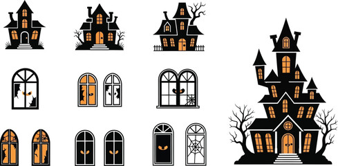 Spooky haunted houses and windows for halloween designs
