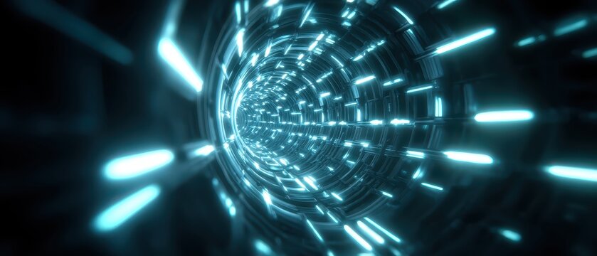 Futuristic Digital Tunnel with Bright Light Beams Creating a Sense of Motion and Speed in a High-Tech Environment