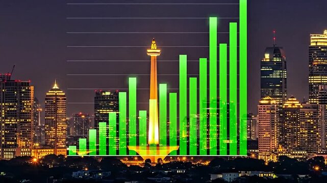 Video, stock charts, finance, high crypto, rising, green, background of Monas Jakarta, Indonesia, market