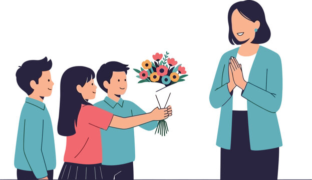 Students give flowers to teacher on teacher appreciation day - Powered by Adobe