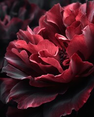 Dramatic Close-Up of a Deep Burgundy Peony Flower, Soft Lighting, Dark Background.