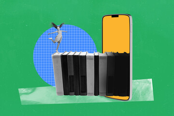 Full poster banner 3d collage photo of happy small kid schoolgirl jump book literature school subject phone device e-learning