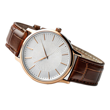 Close up of a wristwatch with a white face and brown leather strap on a black background studio shot