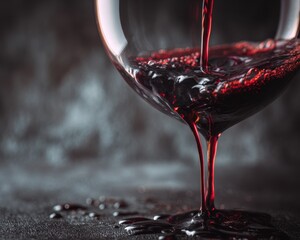 Dramatic Pour of Rich Red Wine into Glass, Dark Moody Lighting, Close-Up Detail.