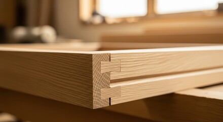 A close-up of a perfectly crafted dovetail joint in a wooden frame, showcasing precision woodworking, craftsmanship, and joinery in a workshop.