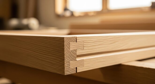 A close-up of a perfectly crafted dovetail joint in a wooden frame, showcasing precision woodworking, craftsmanship, and joinery in a workshop.