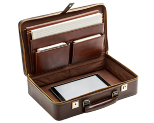 Open brown leather briefcase with tablet and paper inside showing organization and business readiness