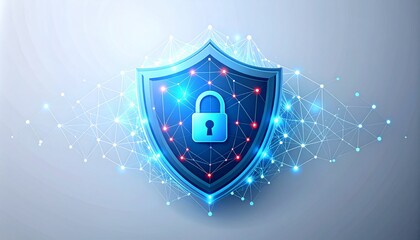 Fototapeta premium Vector Illustration of Cybersecurity Shield with Lock and Glowing Network, Clean Flat Design