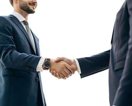 Business handshake between two men wearing suits symbolizing agreement and professional collaboration deal done