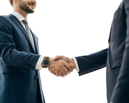 Business handshake between two men wearing suits symbolizing agreement and professional collaboration deal done