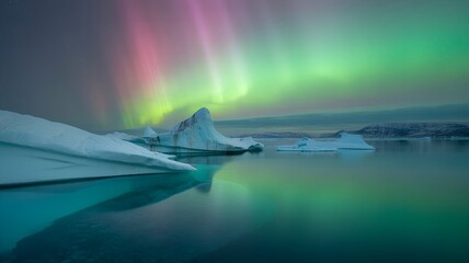 Majestic icebergs under a colorful aurora borealis sky.
