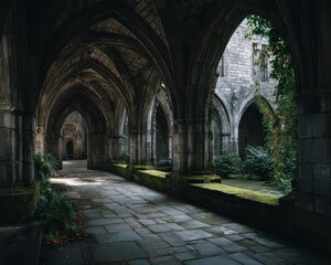 Fototapeta premium Abandoned Gothic Architecture with Lush Greenery in an Enchanted Old Courtyard