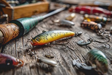 Detailed Close-Up of Fishing Lures and Tackle on Weathered Wooden Surface.