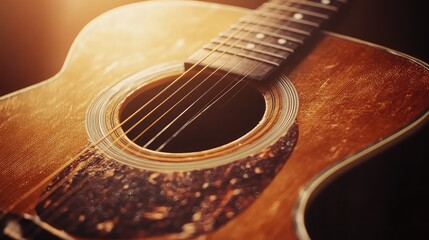 Obraz premium Vintage acoustic guitar with sound hole and strings