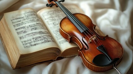 Fototapeta premium Violin resting on antique sheet music book