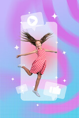 Zine banner photo collage of happy teenage girl jump heart icon social media notification popular blogger feedback concept