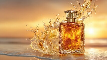Golden Perfume Bottle With Sparkling Splash On Beach At Sunset