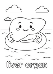 coloring book liver organ swimming with float in sea, anatomy cartoon for kids