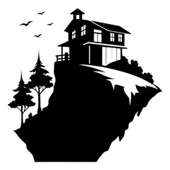 Obraz premium Cliffside Retreat vector clean black silhouette design white background