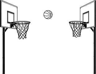 Basketball Hoop Silhouette Vector Featuring Two Facing Nets and Ball in Mid-Air Motion in Black and White Line Art Style