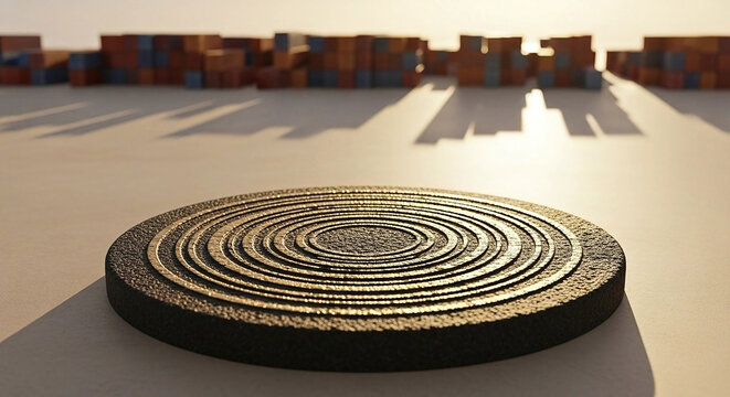 A circular basalt tablet etched with concentric grooves dusted in gold, symbolizing cyclical trade and ancient economies. Smooth beige negative space and blurred shipping silhouettes blend timeless. - Powered by Adobe