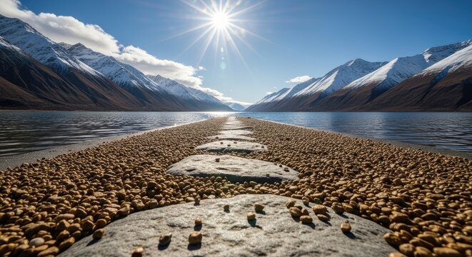 Sunburst over mountainous lake with narrow land path
