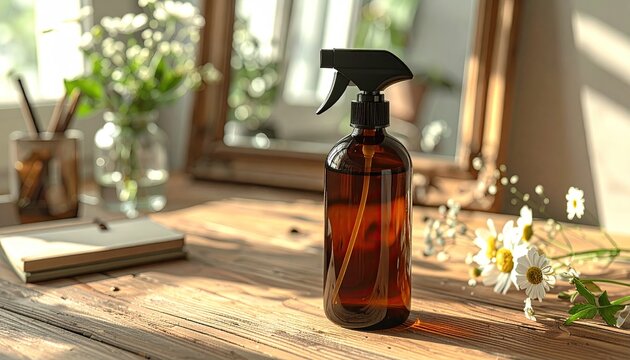 Amber spray bottle on rustic wood table with flowers and sunlight