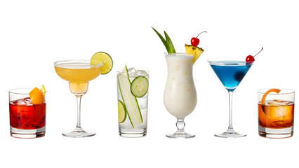 a set of cocktails: gin tonic, blue lagoon, tequila sunrise, iced irish coffee, pina colada, mai tai, cocktail with rum, whiskey, mojito