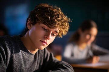 Teen Boy in Classroom Exhibiting Nervousness While Studying During a School Day