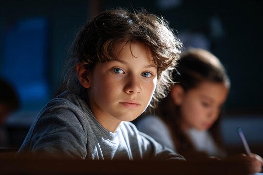 Nervous Schoolboy in Thoughtful Classroom Setting with Focus on Emotions