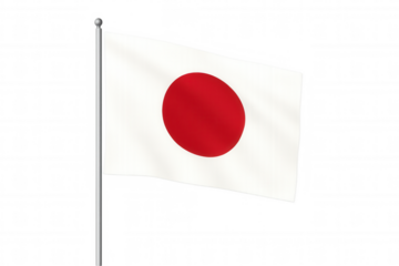 Japan flag waving on a pole, national symbol of the country of the rising sun, transparent background