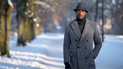 Fashionable Man in Stylish Winter Attire Walking Confidently Through a Snowy Park Day