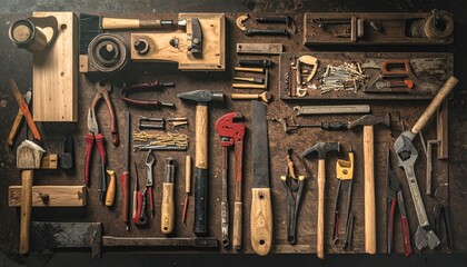 Overhead view of a well-worn workbench surface displaying a collection of tools