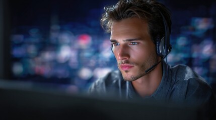 Focused IT Specialist in Sleek Office Working Night Shift with Headset