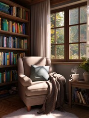 Cozy Reading Nook with Soft Sunlight, Armchair, and Warm Blanket