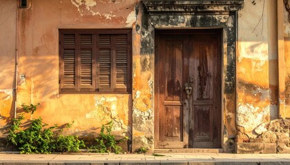 Weathered facade with wooden door and shuttered window, plant life